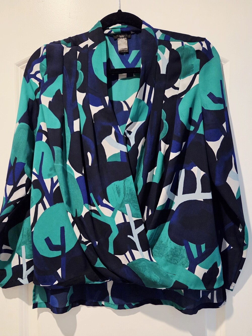 Womens Abstract Print Surplice Blouse - Green & Navy